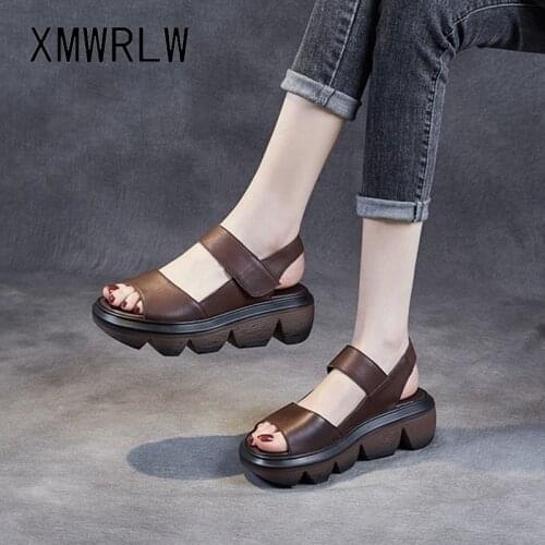XMWRLW Retro Style 2021 Summer Genuine Leather Sandals For Women Shoes High Heels Ladies Sandals Thick Sole Women Summer Sandal
