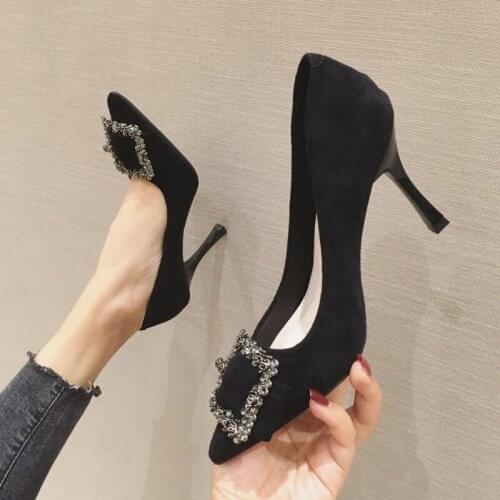 The New Black High-heeled Shoes Of Spring 2020 Are Rhinestone Square Button Suede With Pointed Toe