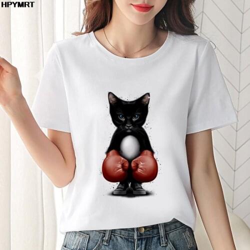 Women Boxing cat Print Graphic Summer Cute 90s Fashion Clothes Lady Tees Tops Female T Shirt Womens Short sleeve T-Shirt Female