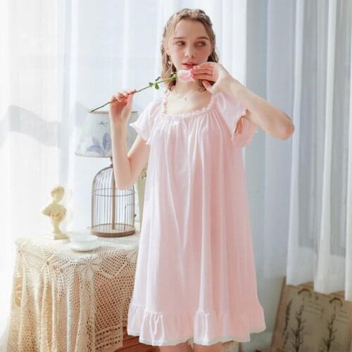 Womens Cotton Short Sleeve Nightdress Pink Square Collar Princess Nightgown Summer New Loose Home Dress Sweet Lace Bow Sleepwear