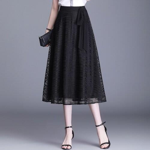 Women Elegant Fashion Plus Size 4XL Black Lace Long Skirt Summer Office Lady High Waisted Big Swing A-line Pleated Skirts 2938