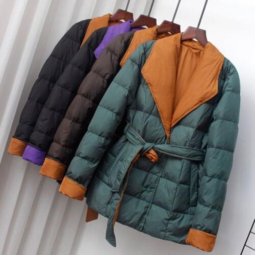 Women 90% White Duck Down Jacket Turn-Down Collar Office Lady Winter Outwear Sashes Fashion Lightweight Down Jacket Coat New