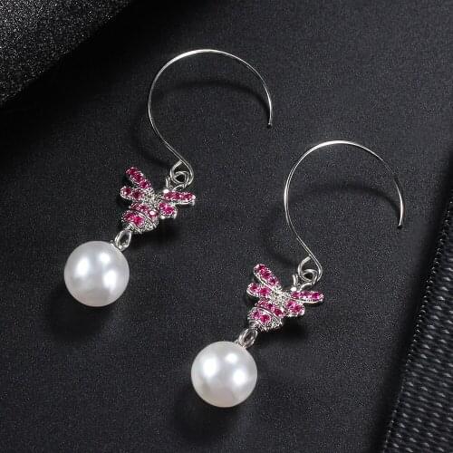 Women Earrings Couple Wedding Earrings Silver Plated Bee Pearl Cubic Zirconia Earrings Gift for Girl Stylish Simplicity Jewelry