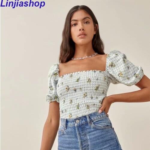 Sexy Camis Square Collar Women Summer Top Fashion Elastic Crop Top Vintage Floral Print Blue Tank Top