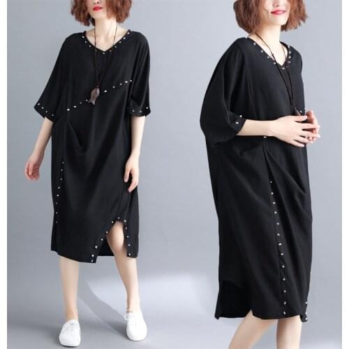 Plus Size Women Dress Summer Sundress V-neck Fashion Vintage Rivet Spliced Black Loose Casual Beach Dresses Female Vestidos