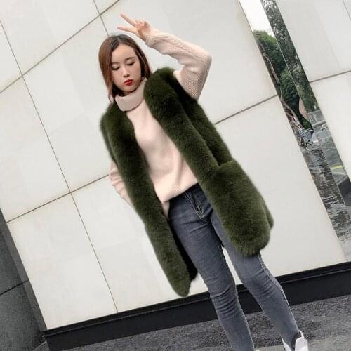 Women spring autumn winter real fox fur vest o-neck long section big pocket ladies warm waistcoat female