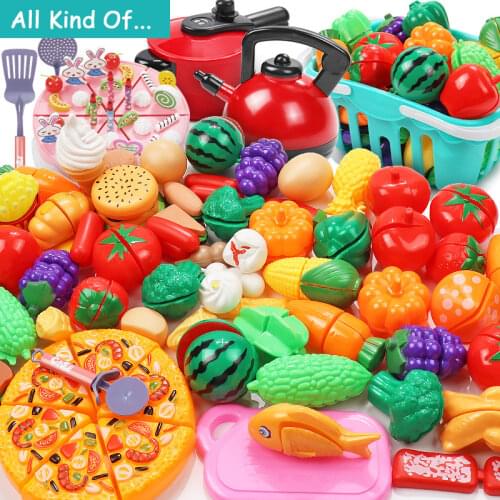 77pcs Plastic Kitchen Toy Shopping Cart Set Cut Fruit and Vegetable Food Play House Simulation Toys Early Education Girl Gifts