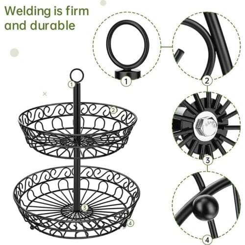 2 Tier Metal Fruit Plate Basket Detachable Countertop Vintage Hollow Out Black Tray Stand Holder Kitchen Organizer