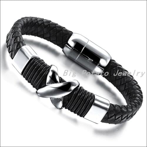 20cm*16mm 31g Hot Sale Silver Stainless Steel Silver Color With Black Genuine Leather Bracelet Bangle For Men Boy