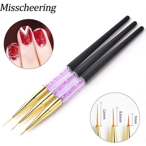 3Pcs/set Painting Drawing Brush Pen Rhinestones Handle Line Stripes Flower Design Nail Art Brushes UV Gel Painting Manicure Tool