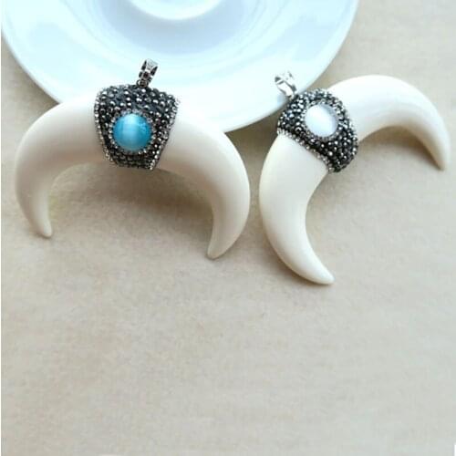 5Pcs OX Horn shape white big Pendant,Pave Rhinestone Crystal opal Caps Charms,DIY Jewelry necklace making supplies PD132