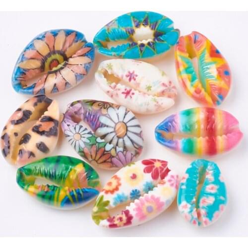 50pcs Mixed Color Printed Natural Cowrie Shell Beads No Hole Undrilled Shell Beads for Jewelry Making Accessories DIY Crafts