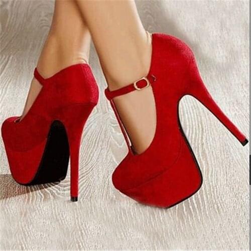 Free postal red suede, buckle, waterproof 4.5 cm, 16 cm high-heeled shoes, large size shoes, four seasons shoes. Size: 35-43