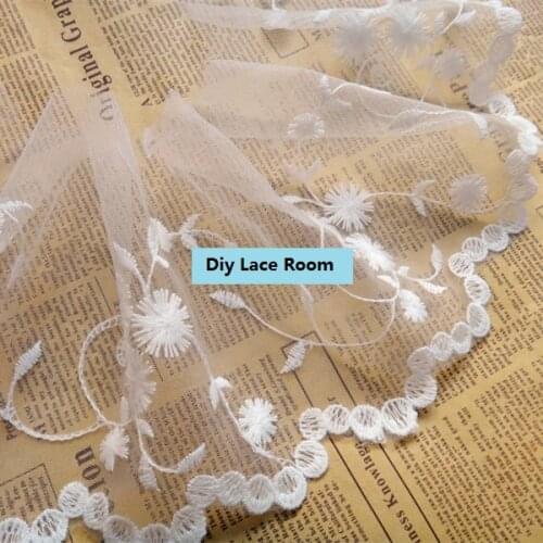 Free shipping Wholesale 14cm, 5.5inch White Cotton Lace Embroidered Trim Organza Mesh Fabric 5yards/lot DIY Lace Fringe Z816