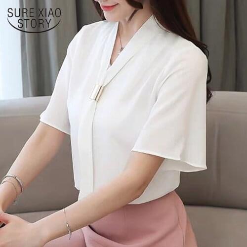 Blusas Mujer De Moda 2021 Korean Chiffon Womans Blouse Short-Sleeved Solid Elegant Womens Tops And Blouses White Shirt 8908 50