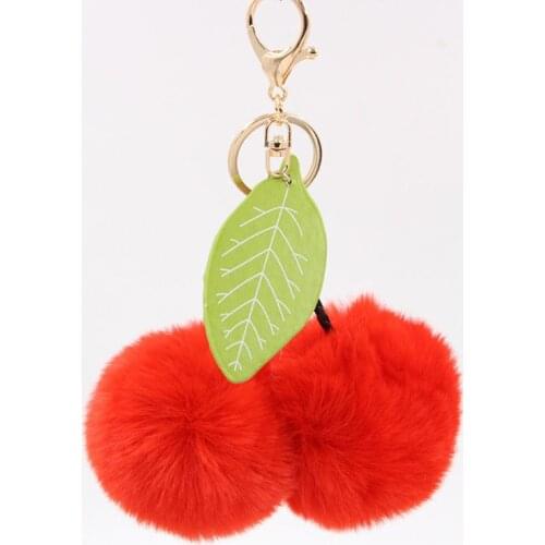 New Sweet Cute Fluffy Artificial Rabbit Fur Ball Pompom Leaf Keychain Cherry Key Chain Handbag Pendant Car Key Chain Ring