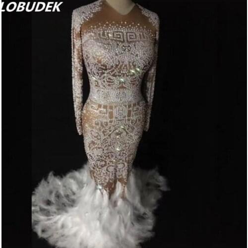 Feather trailing white crystals one-piece dress Female costumes nightclub sexy rhinestones performance singer 2 show Dresses