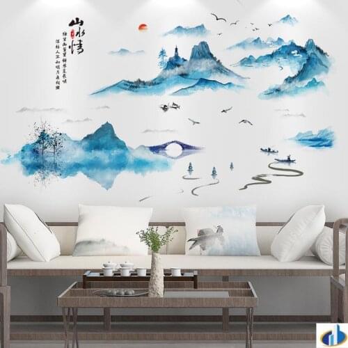 Ink Painting Landscape Wall Stickers Chinese Style Vintage Poster Bedroom Living Room Decoration Aesthetic Home Office Decor Art