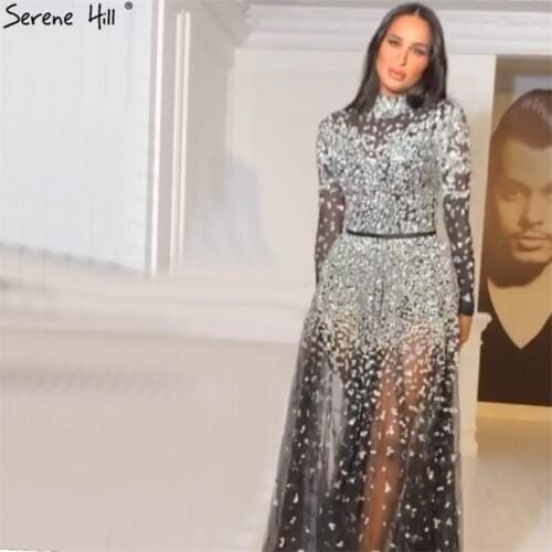Black A-Line Design High Neck Evening Dresses 2020 Sequined Long Sleeves Sexy Formal Dress Serene Hill LA70066