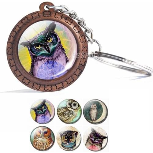 Wooden Key Chain Cute Owl Photo Glass Cabochon Wood Keychain wooden Jewelry for Friends Free Shipping