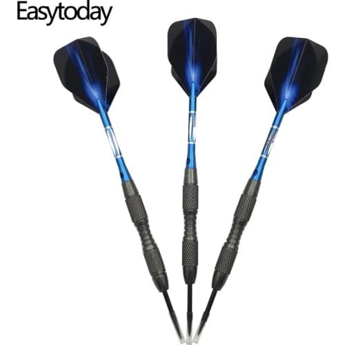 Easytoday 3Pcs/set Tungsten Darts Hard Type Steel Tip Metal Barrel Blue Shafts Aluminum Plastic Blue Aurora Darts Flights Games