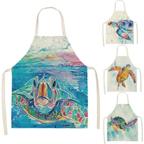 1 Pcs Turtle Ocean color Pattern Cleaning Art Aprons Home Cooking Kitchen Apron Cook Wear Cotton Linen Adult Bibs 66x47cm