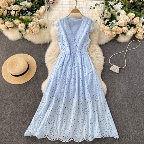 Summer Bohemian Dress Women Retro Hollow Wood Ear Sleeves Beach Dresses Ladies Elegant Lace V-neck Slim Holiday Long Robe
