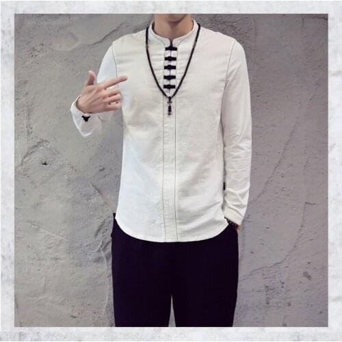 Men Cotton Linen Pullover Shirts Long Sleeve Chinese Style Kung Fu Tai Chi Custume Retro Mandarin Collar Tang Suit Male