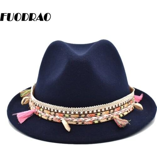 FUODRAO New Cowboy Hats Woman Wool Fedoras Wide Brima Jazz Caps Black Vintage Outdoor Travel Fedora Hat F45