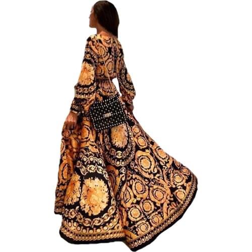 New Women Dresses Digital Print Deep V-Neck Long Dress Bohemian Retro Lantern Sleeve Beach Dress Ladies High Split Swing Dress