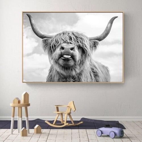 Black and White Yak Highland Cow Wild Animals Canvas Painting Posters and Prints Cuadros Wall Art Picture for Living Room Decor