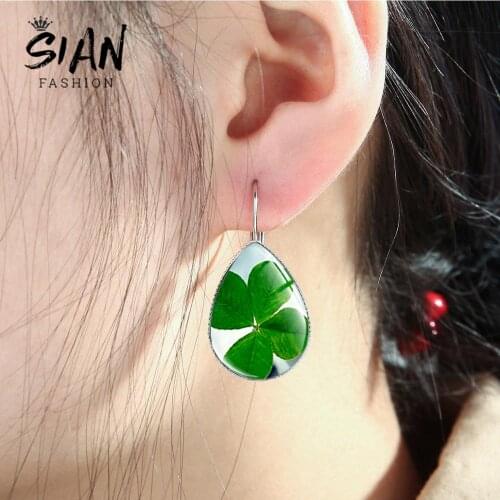 SIAN Green Four Leaf Clover Earrings Simple Colorful Natural Leaf Glass Art Photos Handmade Silver Plated Crystal Hook Earrings