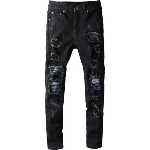 SEVEYFAN 2021 Mens Fashion Skinny Biker Jeans Black Ripped Patchwork Denim Pants for Male