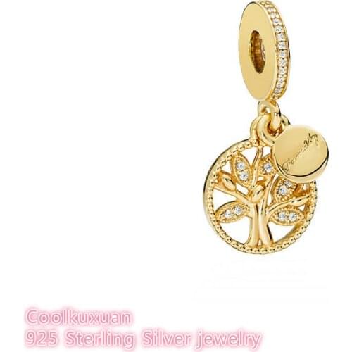 2019 Summer Authentic 925 Sterling Silver Family Heritage Dangle Charm, Gold color & Clear CZ Beads Fit Brand Charms Bracelet