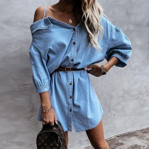 Cold Shoulder Blue Denim Dress Shirt for Women Long Sleeve Shirt Dress Autumn Spring Elegant Mini Dresses Women Clothing Fashion