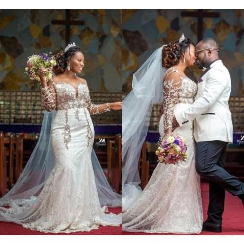 African Plus Size Mermaid Wedding Gowns Arabic Luxurious Lace Beaded Sheer O-neck Illusion Long Sleeve Bridal Dresses
