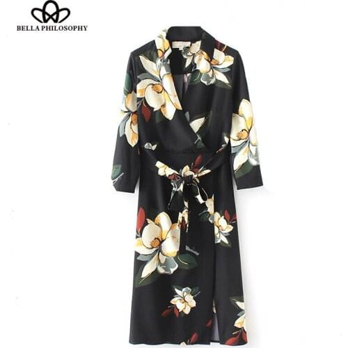HStar 2020 spring women long sleeve casual dress fashion print ladies mid calf dress V Neck loose female sashes dress