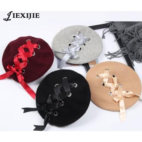 Japanese Sweet Cute womens hats Berets Female Soft Ribbon Wool Lolita Beret Vintage Straps Cross Bow Berets winter painter hat