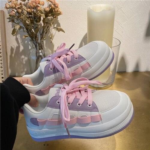 Women Mesh Board Shoes 2021 Autumn New Harajuku Style Breathable Sneakers Student Pink White Shoes Platform Chunky Dad Shoes