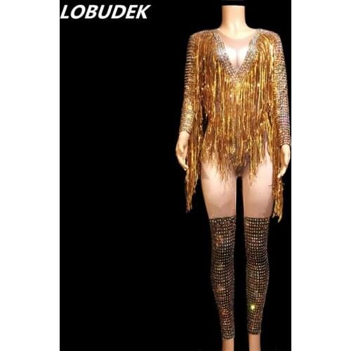 Nightclub Women Skinny Jumpsuit Gold Crystals Sequin Tassels Jumpsuits Stage Wear Bar Party Dancer Luxurious Performance Costume