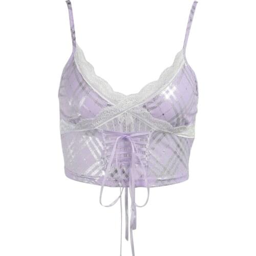 Womens Sexy Crop Cami Top Sleeveless V Neck Lace Patchwork Criss Cross Lace-up Camisole