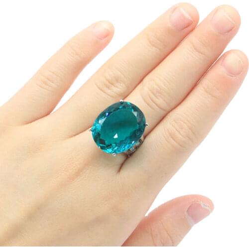 22x18mm Delicate Fine Cut Dazzling Created Rich Blue Aquamarine Bright Zircon Bridal Jewelry Silver Ring Hot Selling