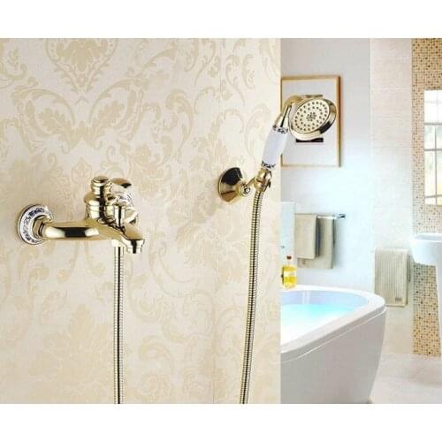 Gold Color Brass Wall Mounted Bathroom Single Handle Bathtub Faucet Tap Hand Held Shower set With Wall bracket &1.5m Hose atf404