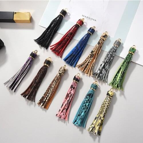 5Pcs Snake Grain PU Leather Metal Ring Tassel Pendants DIY Crafts Art Materials Phone Jewelry Decor Tassels Bag Trim Accessories