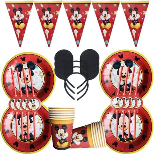 74pc/lot Disney Cartoon Mickey Mouse Theme Cutlery Party Decoration Birthday Party Baby Bath Cup Plate Party Headband Supplies