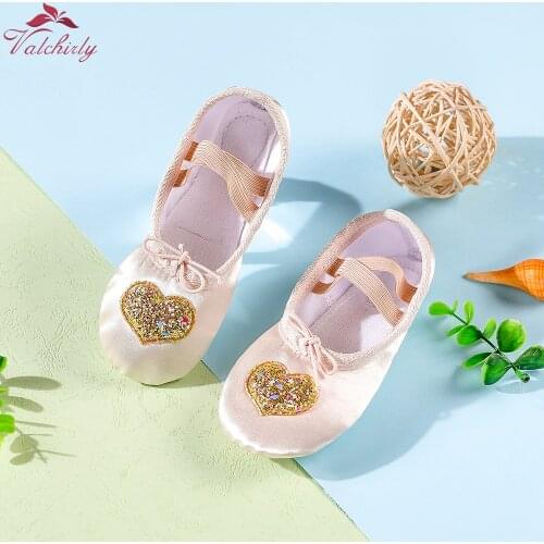 Girls Ballerina Ballet Pointe Shoes Children Satin Canvas Ballet Sneakers with Heart Decoration For Kids Dancing