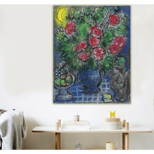 Citon Marc Chagall《Roses and the moon》Canvas Oil Painting Artwork Poster Decorative Picture Wall Hanging Decor Home Decoration