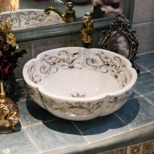 Flower shape Europe style chinese washbasin sink Jingdezhen Art Counter Top ceramic bathroom sink ceramic sink