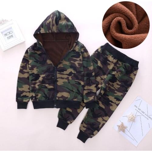 DIIMUU Winter Boys Girls Warm Clothing Military Camouflage Sets Hooded Coat + Pants Kids Child Puls Velvet Clothes Suits Outfits