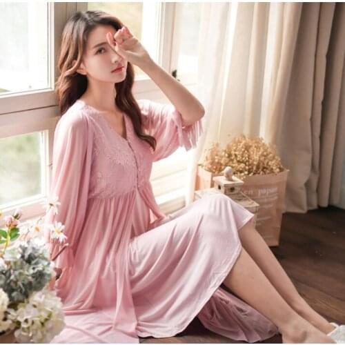 Robe Gown Set Women Sleepwear Cotton Bathrobe Peignoir Set Vintage Nightgown Kimono Pink Negligee Autumn Home Wear